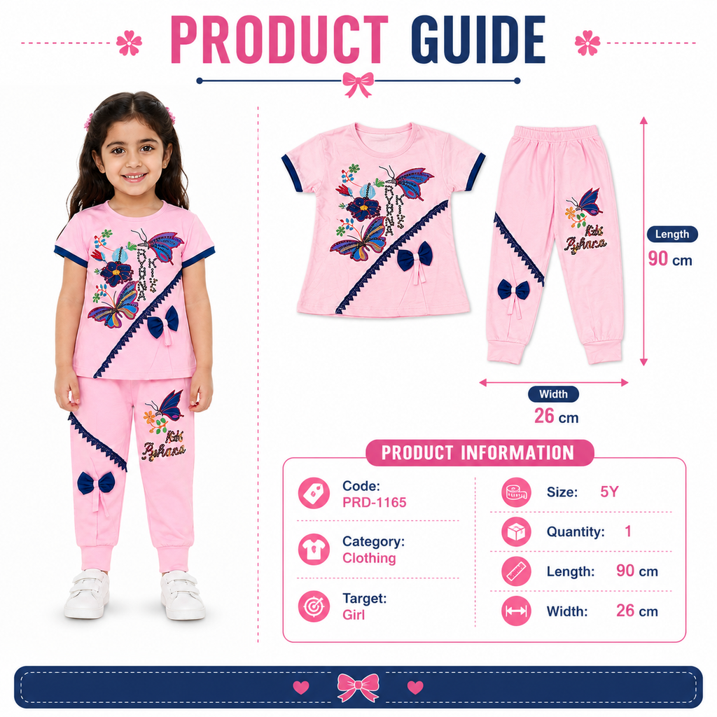 طقم بناتي وردي قطعتين تيشرت وبنطلون برسومات فراشات – صورة 4