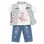 طقم بناتي ثلاث قطع جينز وفست وشيرت برسومات كرتونية | مناسب لعمر 3 سنوات، سروال مطرز بالنجوم، ثبات زر أحمر، تي شيرت بأكمام قصيرة، طقم كاجوال يومي – صورة 3