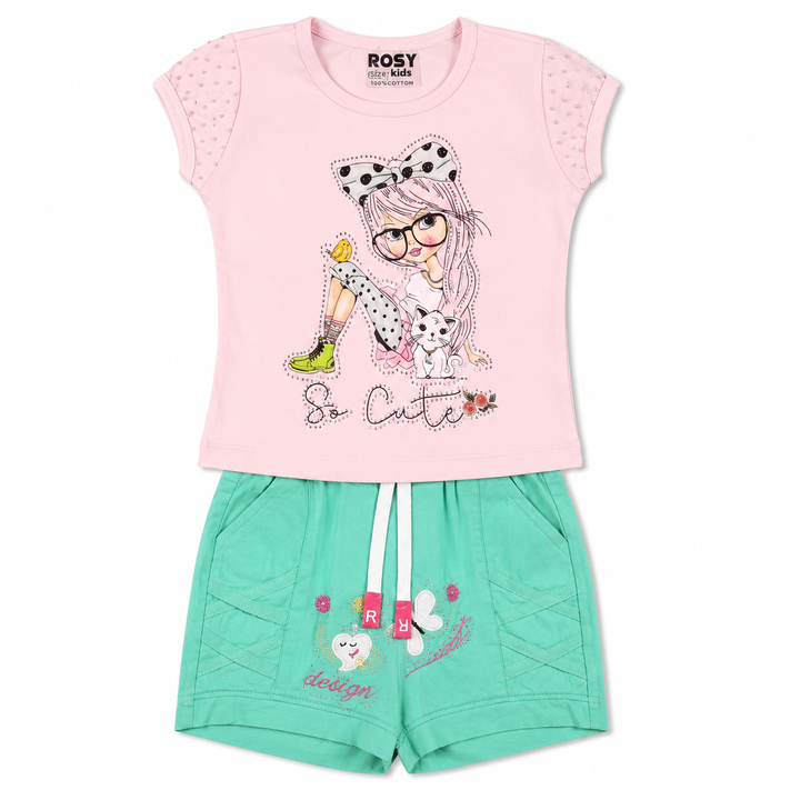 Rosy Kids طقم تيشيرت وردي وشورت أخضر للبنات، مقاس سنة