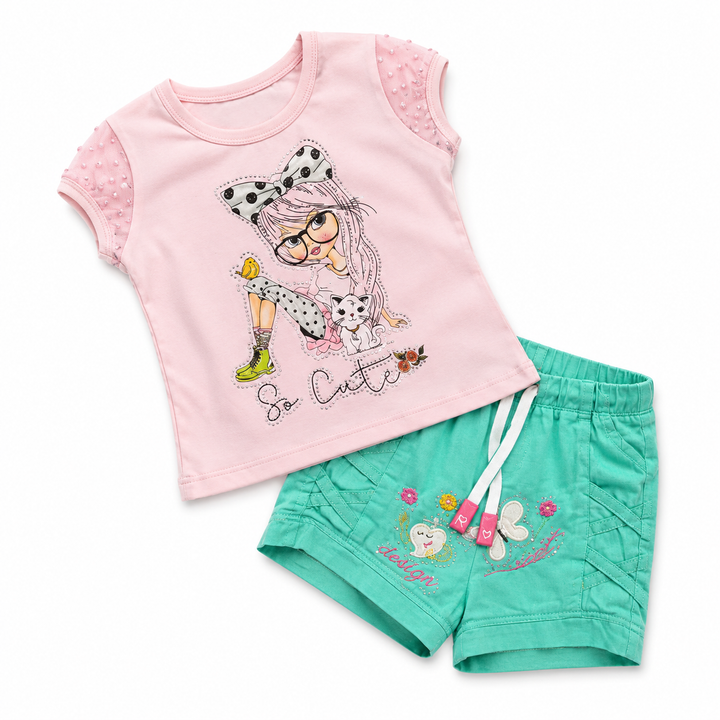 Rosy Kids طقم تيشيرت وردي وشورت أخضر للبنات، مقاس سنة