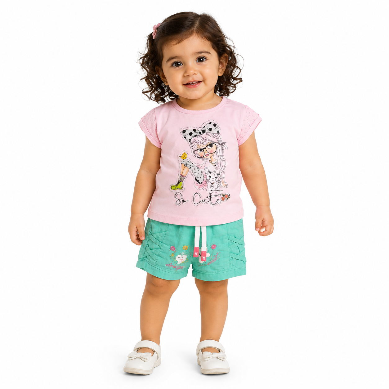Rosy Kids طقم تيشيرت وردي وشورت أخضر للبنات، مقاس سنة – صورة 3