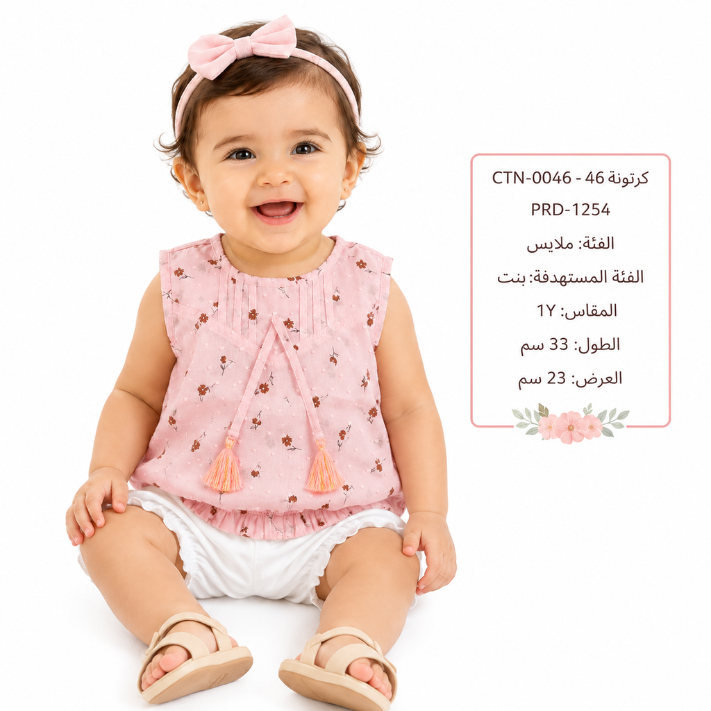 بلوزة بناتي وردية بنقشة زهور بدون أكمام – صورة 5