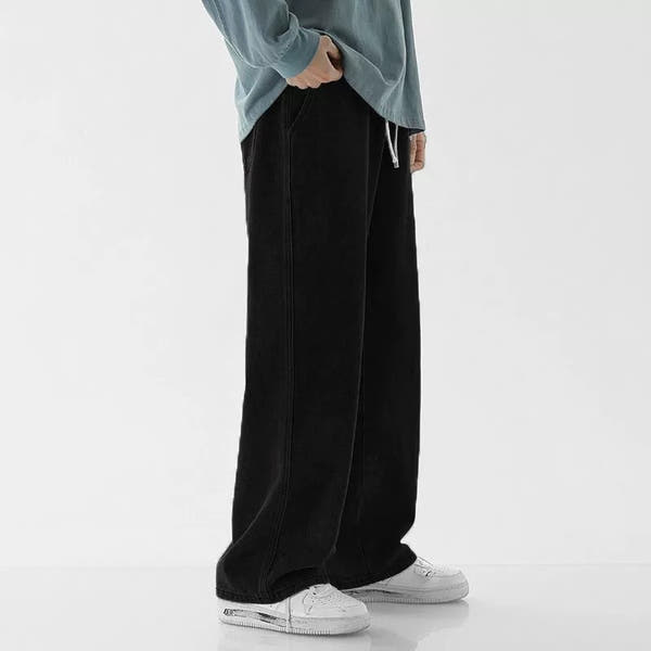 بنطال جينز رجالي واسع بأرجل مستقيمة - خصر مطاطي مريح لكل الفصول 👖