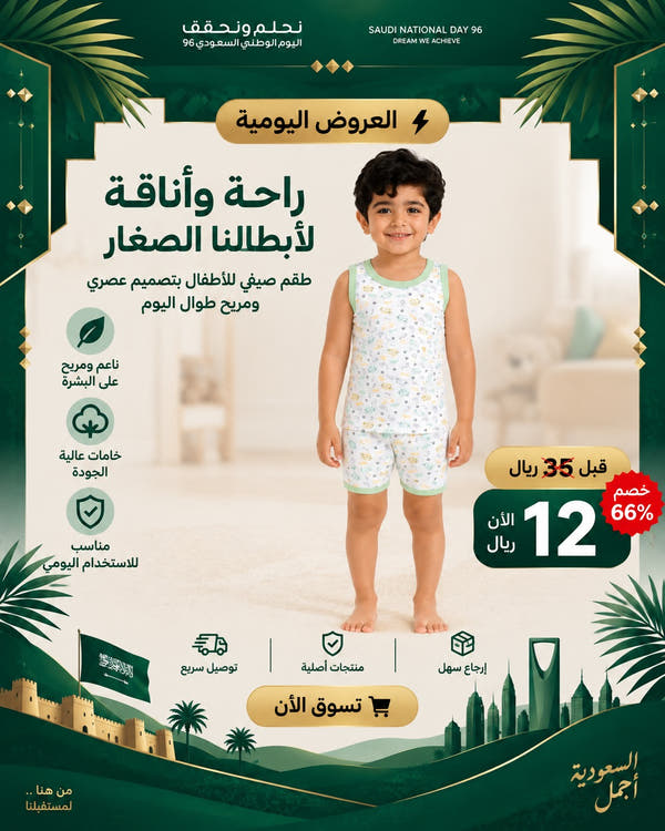 طقم ملابس داخلية أولاد أبيض وأخضر فاتح