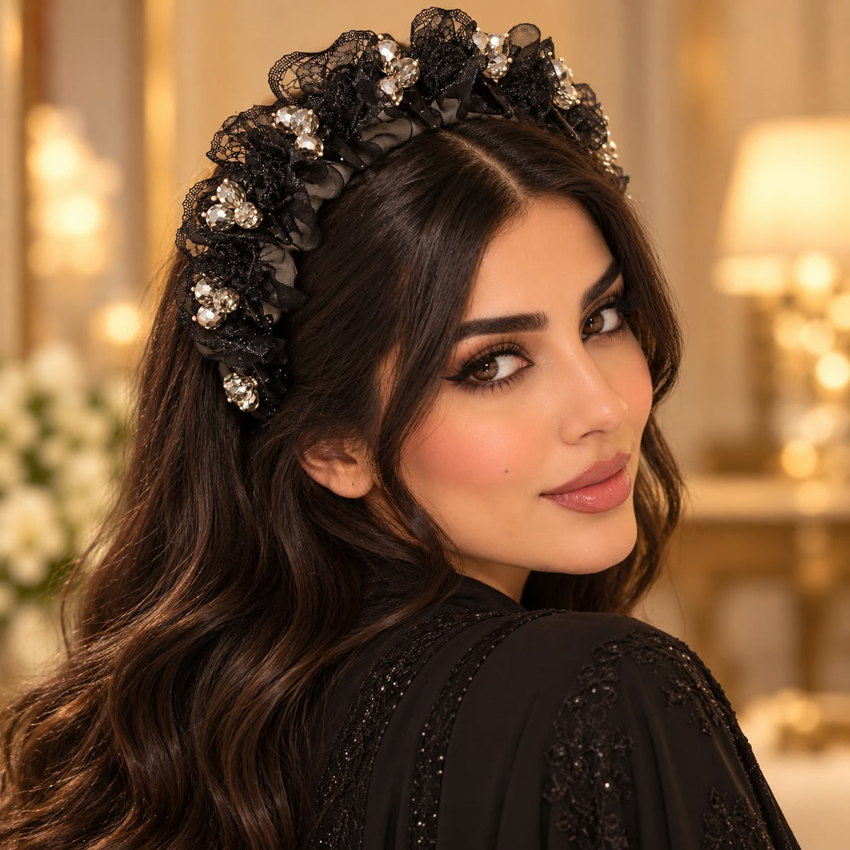 أسود-دانتيل شبكي مرصع بالكريستال