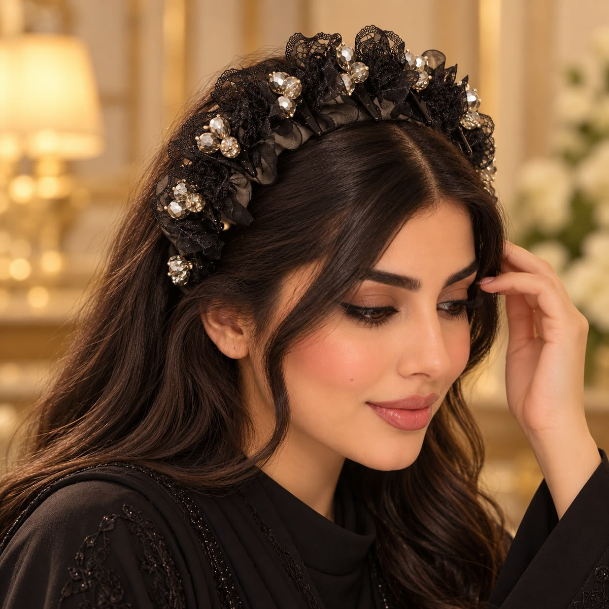 أسود-دانتيل شبكي مرصع بالكريستال