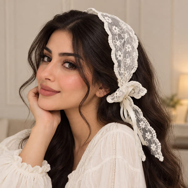 طوق شعر نسائي واسع الحواف من الدانتيل الشبكي بفيونكة بتصميم فرنسي ريفي