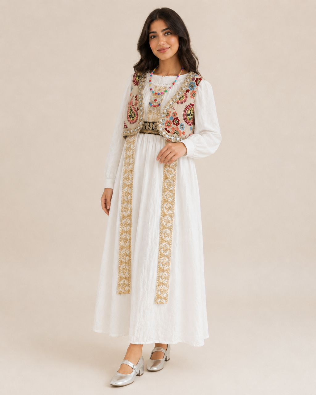 طقم فستان بناتي تراثي أبيض مع فيست مطرز