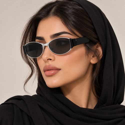 إطار أسود وفضي + عدسات رمادي داكن