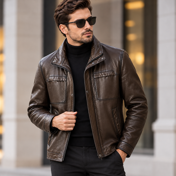جاكيت رجالي جلد غنم طبيعي فاخر بتصميم عصري وهود شتوي أنيق