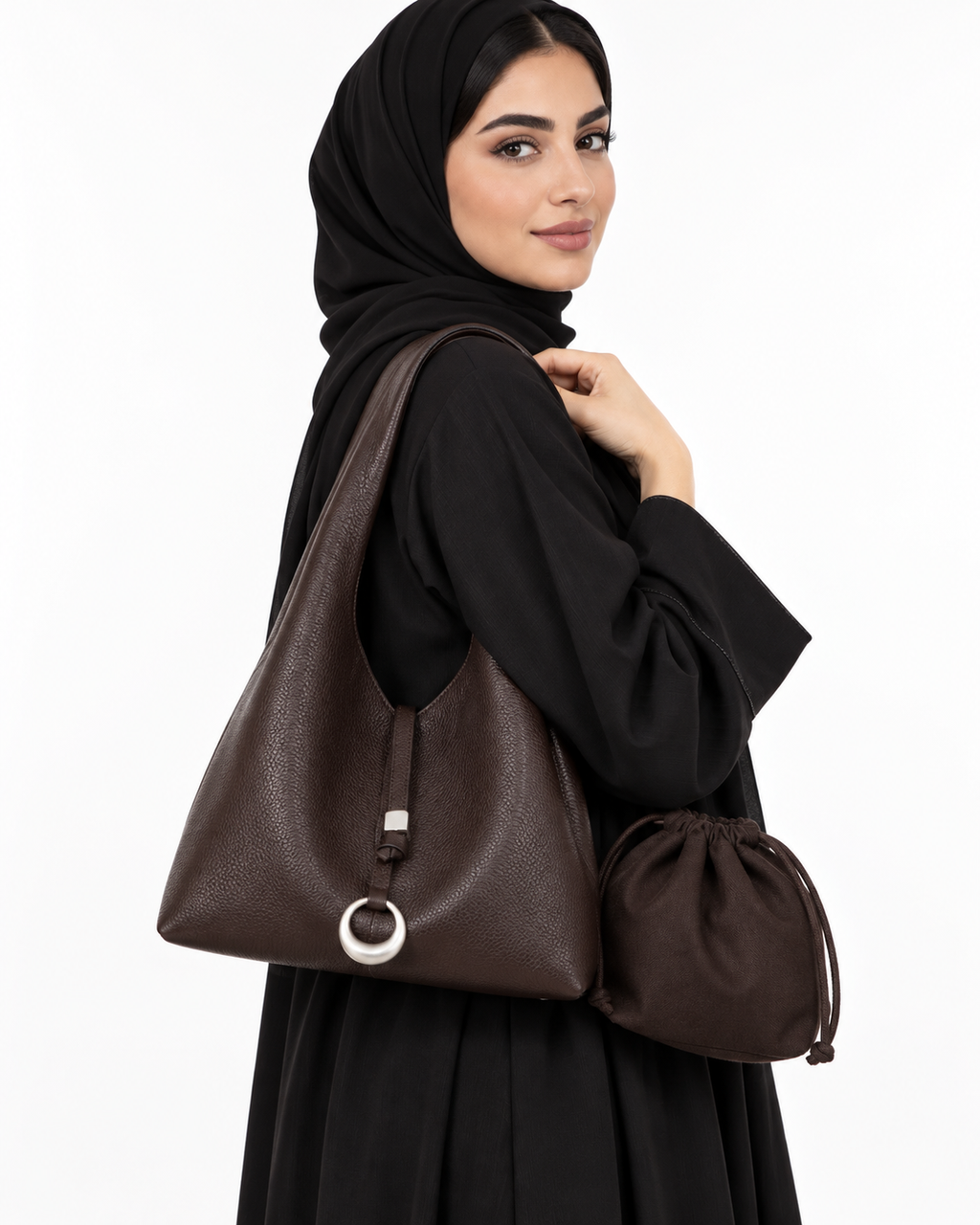 حقيبة نسائية جلد بقري طبيعي بتصميم يد وكتف وكروس بودي