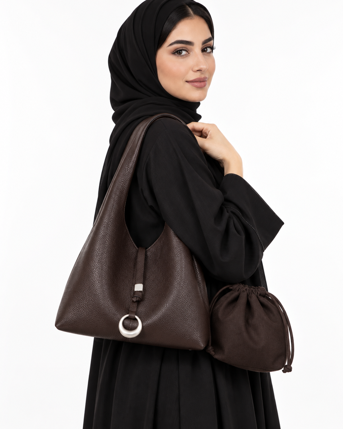 حقيبة نسائية جلد بقري طبيعي بتصميم يد وكتف وكروس بودي