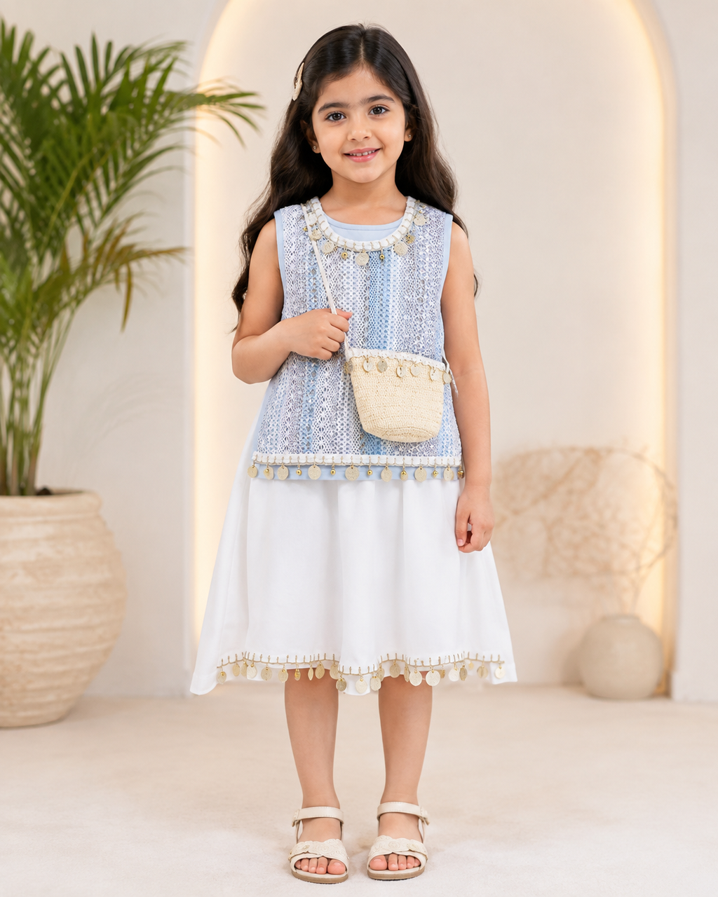 طقم بناتي صيفي أنيق بتصميم شبكي مع شنطة