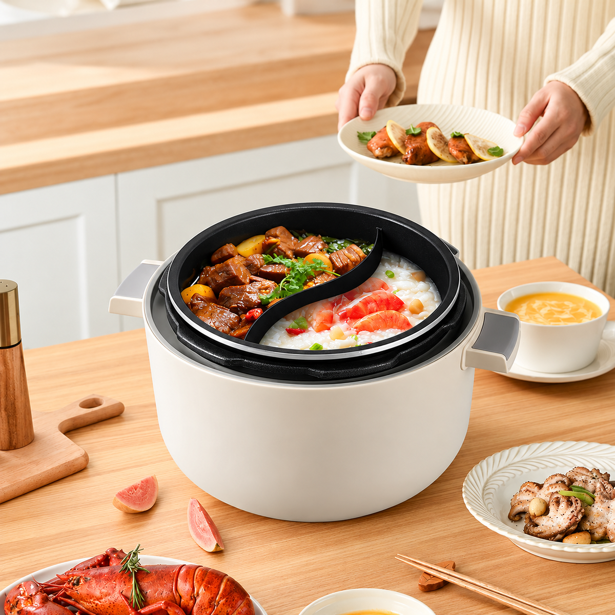 أبيض 4 لتر P07 - وعاء Yuanyang + وعاء قياسي + صينية بخار (4L White P07 Yuanyang + Standard Pot + Steaming Plate)