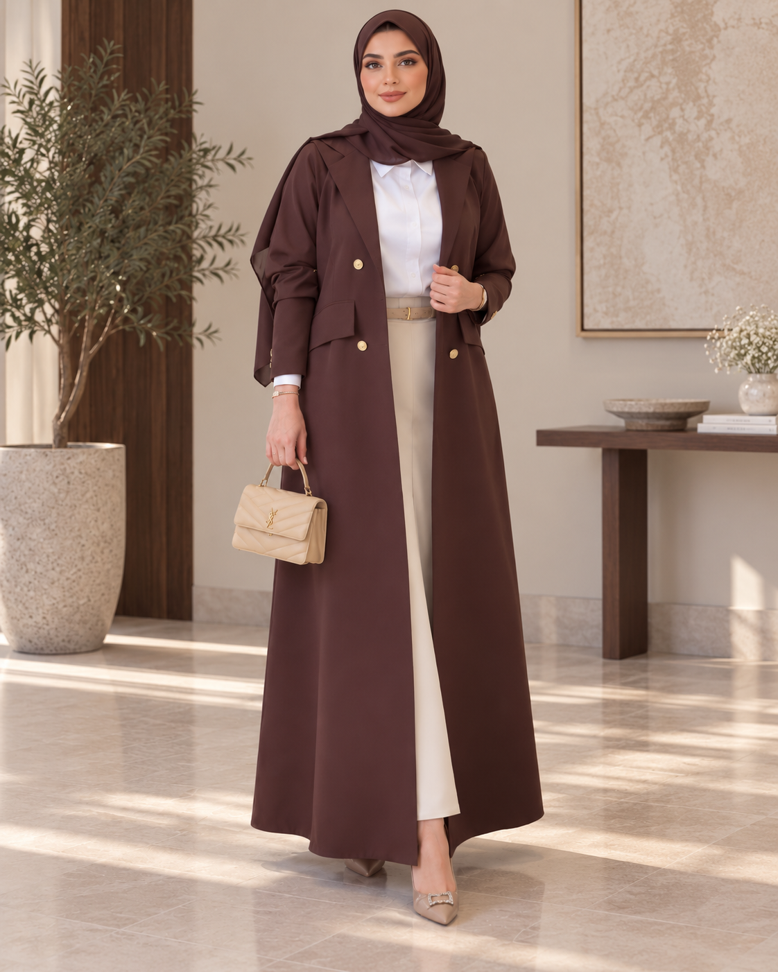 معطف نسائي طويل بقصة راقية وأزرار ذهبية
