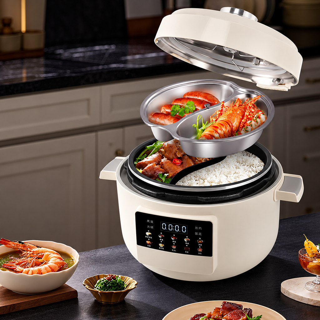 أبيض 4 لتر P07 - وعاء Yuanyang + وعاء قياسي + صينية بخار (4L White P07 Yuanyang + Standard Pot + Steaming Plate)