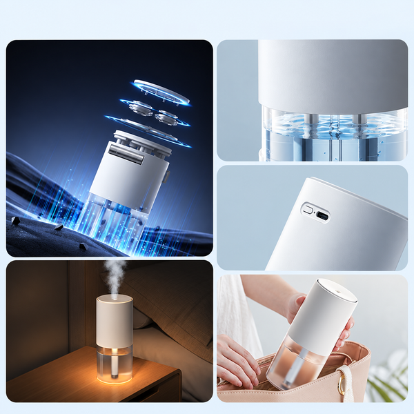 جهاز ترطيب LK-2011 محمول ببطارية 1200 مللي أمبير - تقنية الموجات فوق الصوتية مع شحن USB وتصميم أبيض بورسليني أنيق