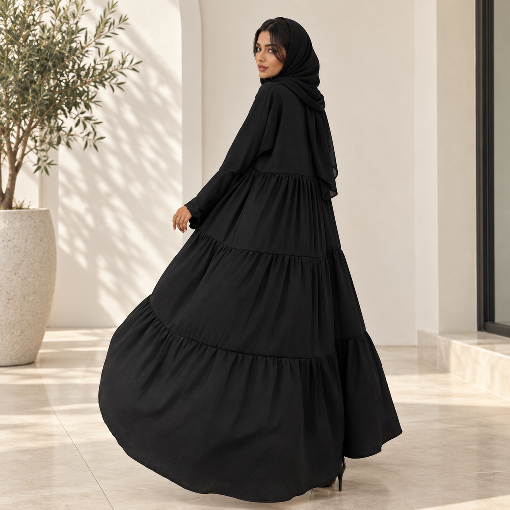 كارديجان نسائي أسود طويل بتطريز وأكمام جرس